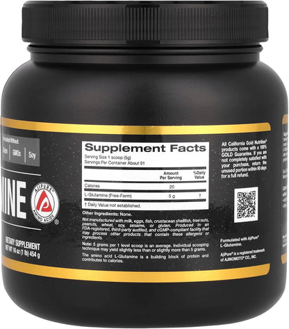 L Glutamine Powder, 100% Pure Pharmaceutical Grade, Supports Muscular Endurance & Post Workout Recovery, Supports Protein Synthesis & Intestinal Health, Free-Form Powder, 5G per Serving, 16 Oz (454 G)
