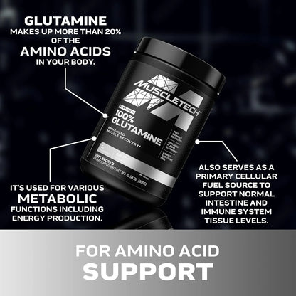 Muscletech 100% L-Glutamine Powder for Enhanced Muscle Recovery - Pure L Glutamine Muscle Growth Builder & Energy Boosting Nutritional Supplement for Men & Women - Unflavored, 60 Servings