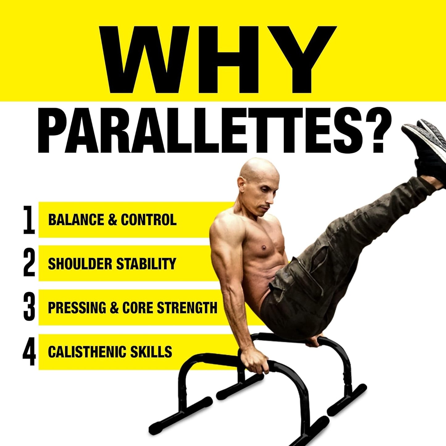 Parallette Bars – Heavy-Duty Bodyweight Training Equipment for Dips, Pushups, L-Sits & Core Workouts – Non-Slip Grips, 400 Lb Capacity – Includes 2 Bars + 2 Workout Guides