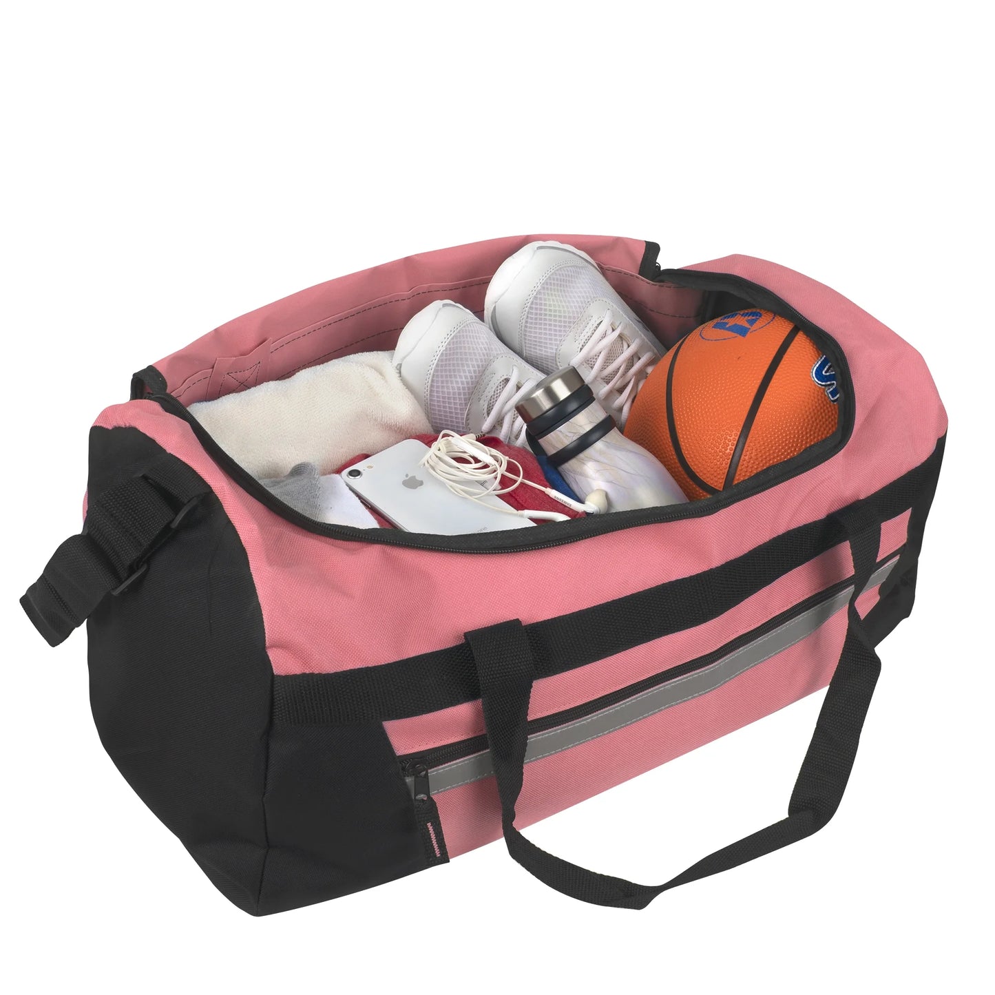 40 Liter 22 Inch Duffle Bag with Front Accessory Pocket, Velcro Handles, Dual Zipper Closure and Luggage Strap for Traveling, Commuting, Sports and Gym Equipment in Pink & Black